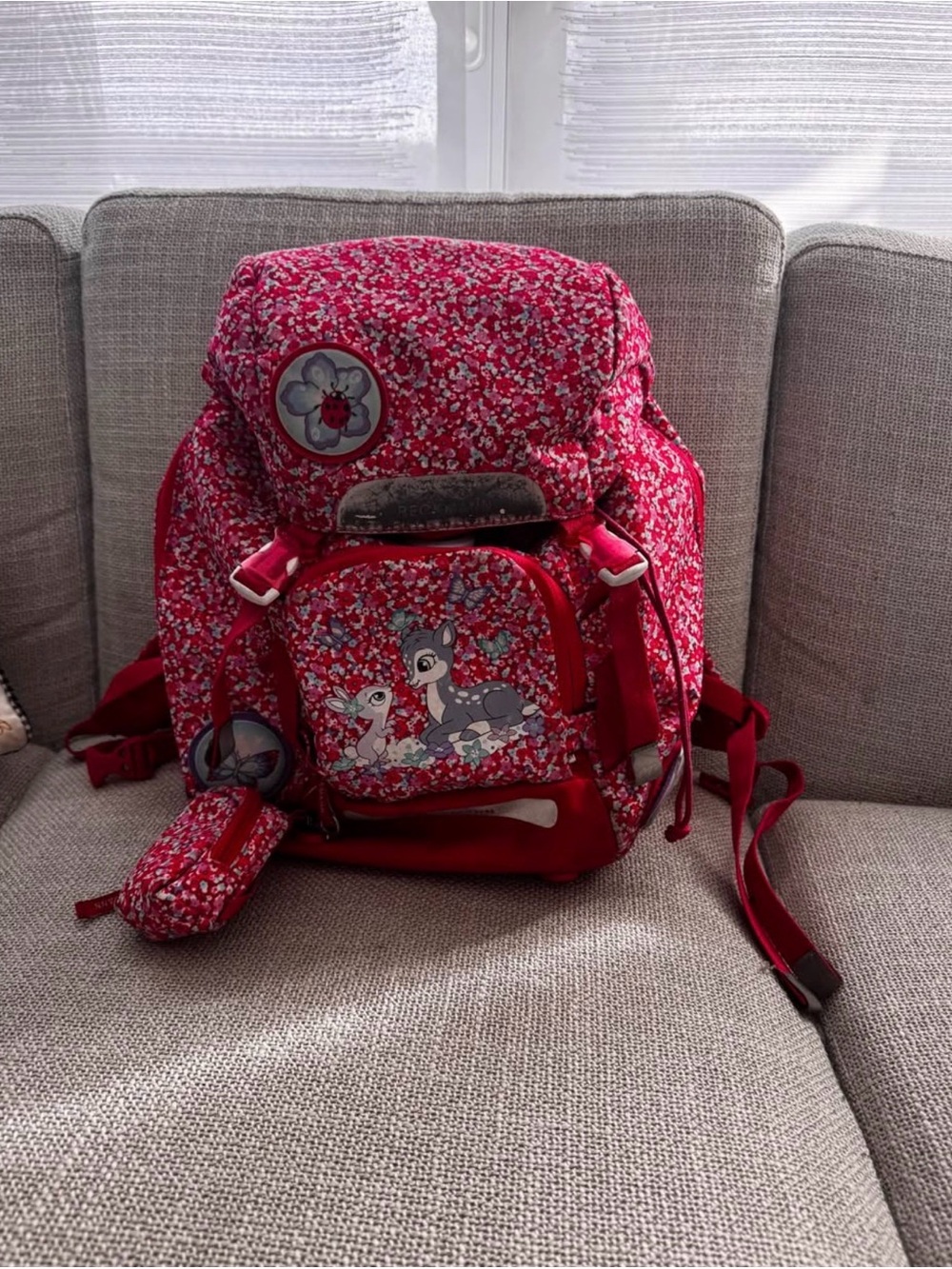 Kids Floral Red Backpack with Fawn Print